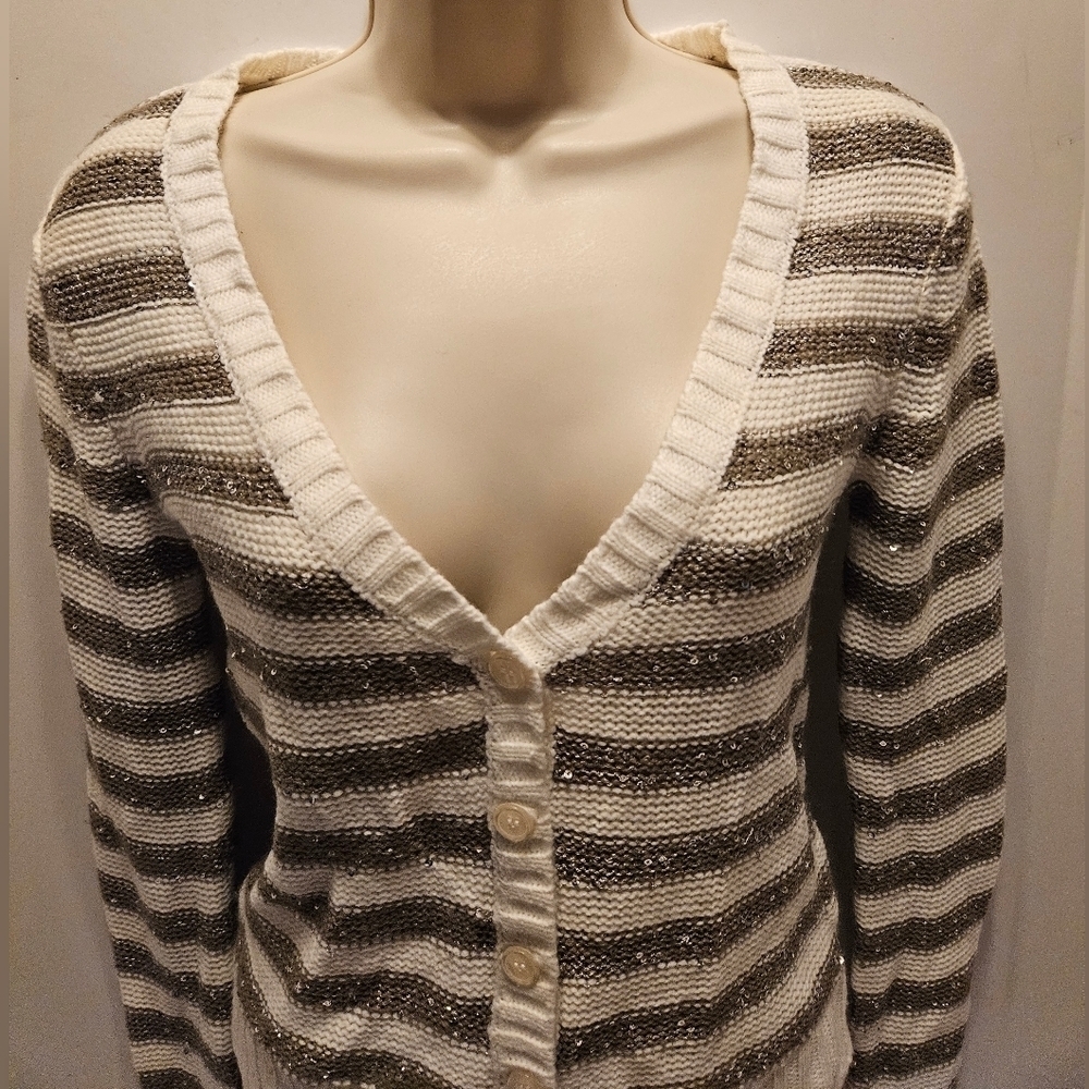 Arizona Jeans Co Cropped Striped Sequin Cable Knit Sweater - Picture 11 of 16
